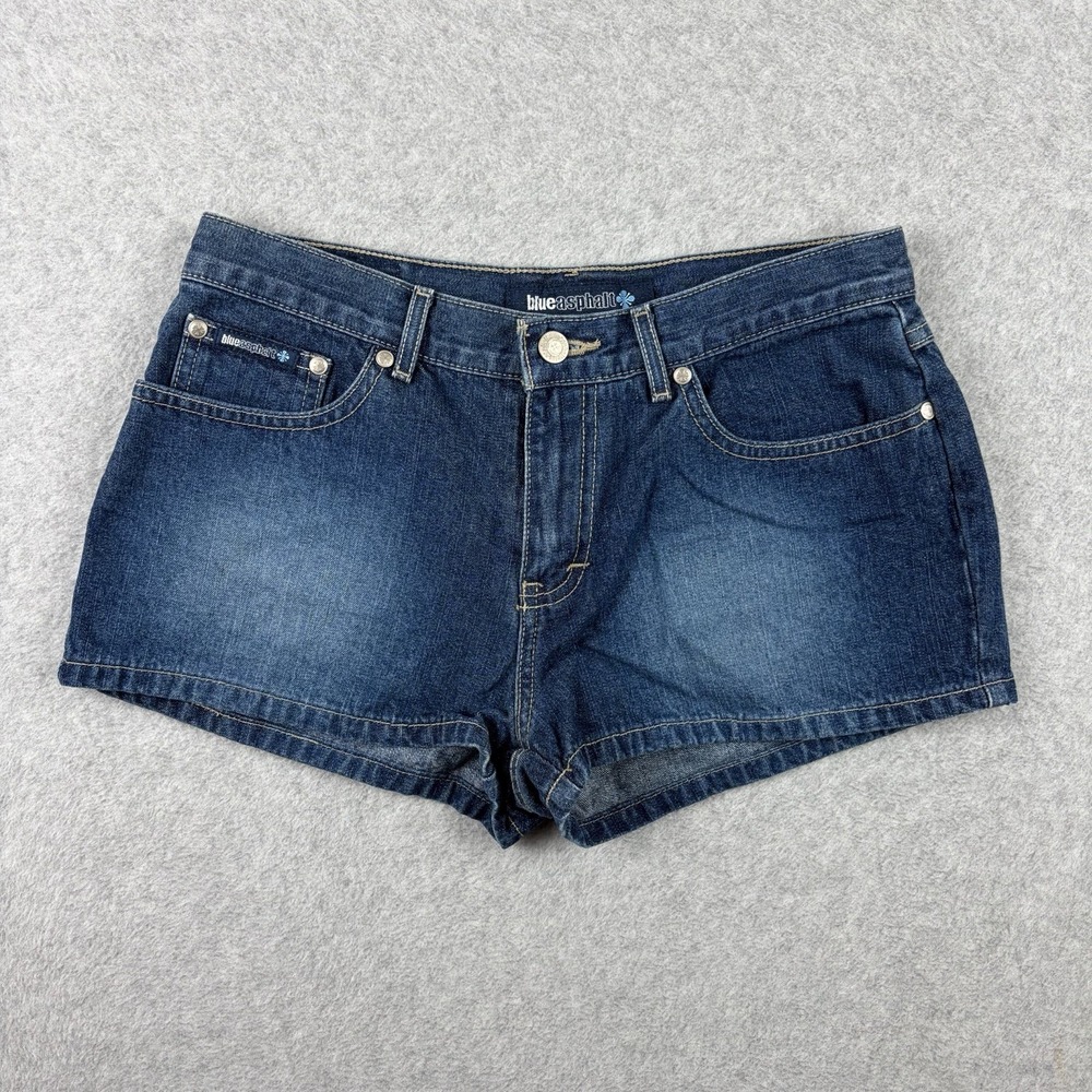 Blue Asphalt Shorts Womens 7 Dark‎ Blue Denim Low Rise Mini Y2K Beach Booty 2"